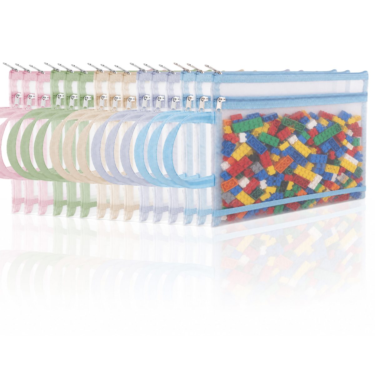 IVB Collective 15-pack of A4 double-layer nylon mesh zipper pouches with handles, front pouch filled with building blocks